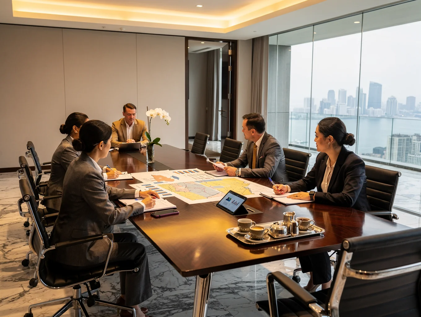 Modern boardroom overlooking a city skyline