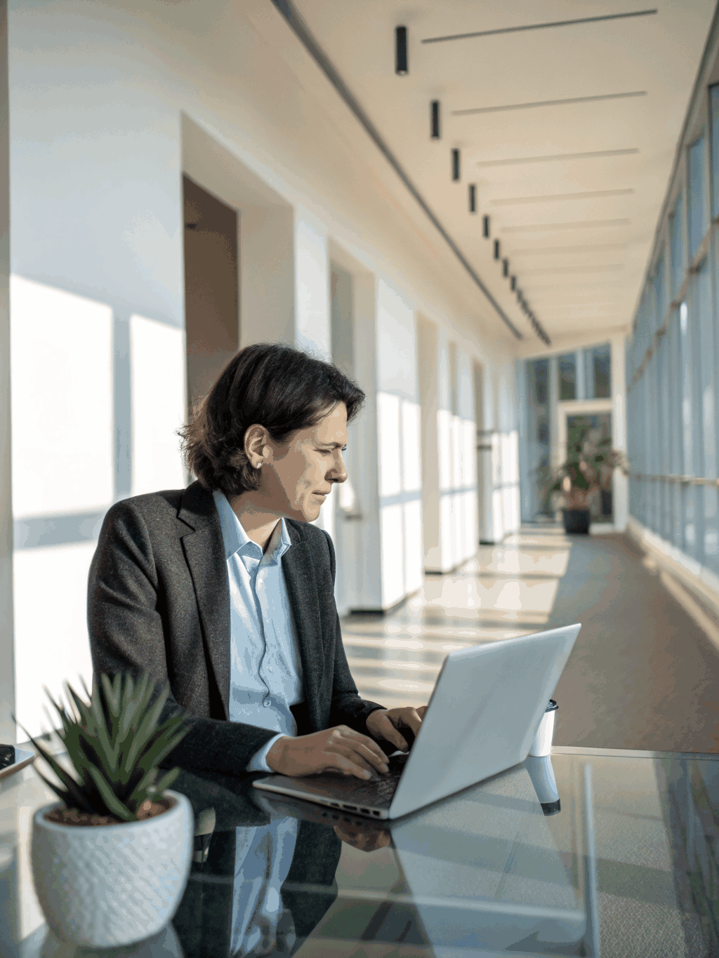 Executivo em ambiente corporativo moderno e minimalista